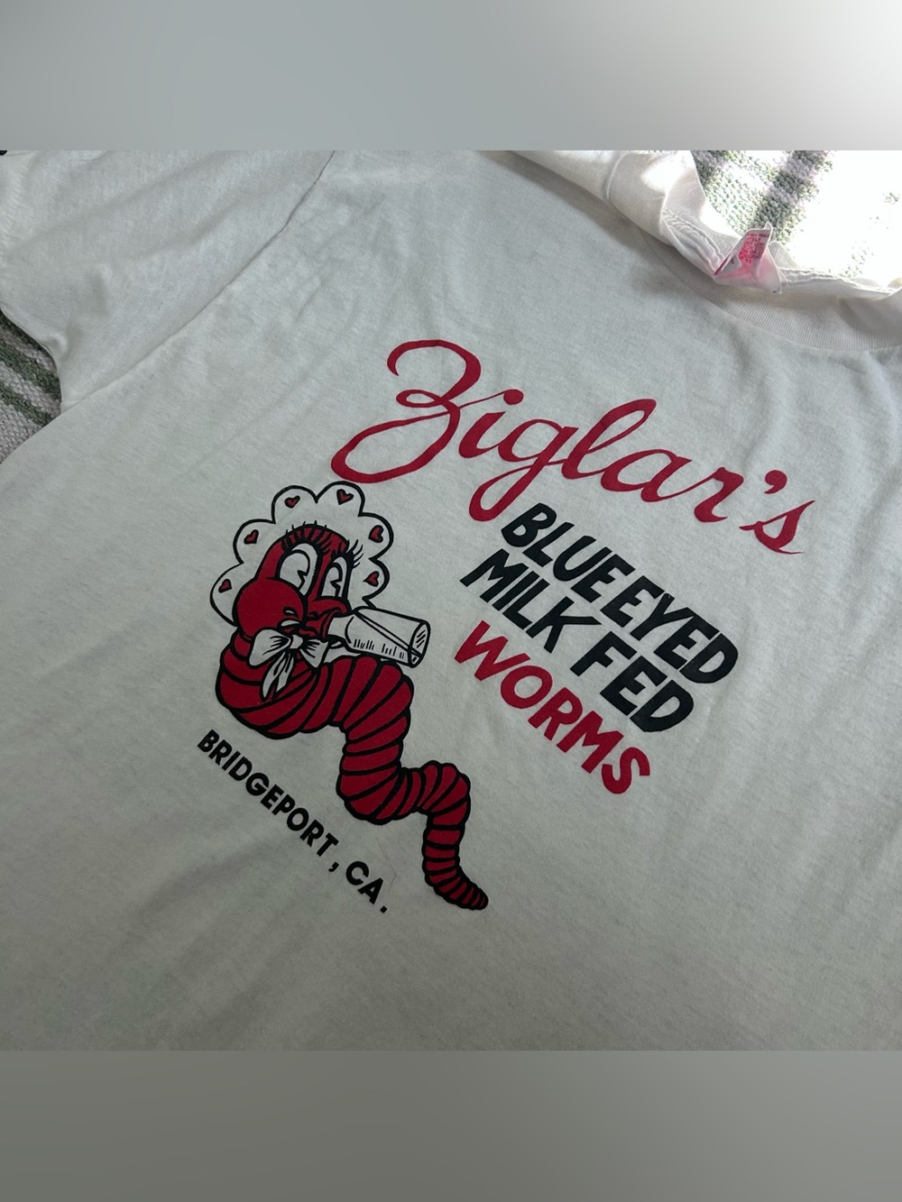 Vintage single stitch made in USA Ziegler’s milk fed worms white t shirt